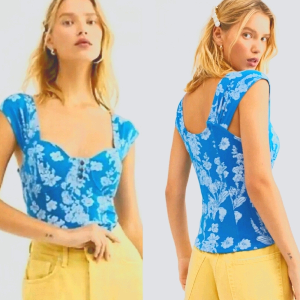 Free People Vanessa Floral Tank Cerulean Top